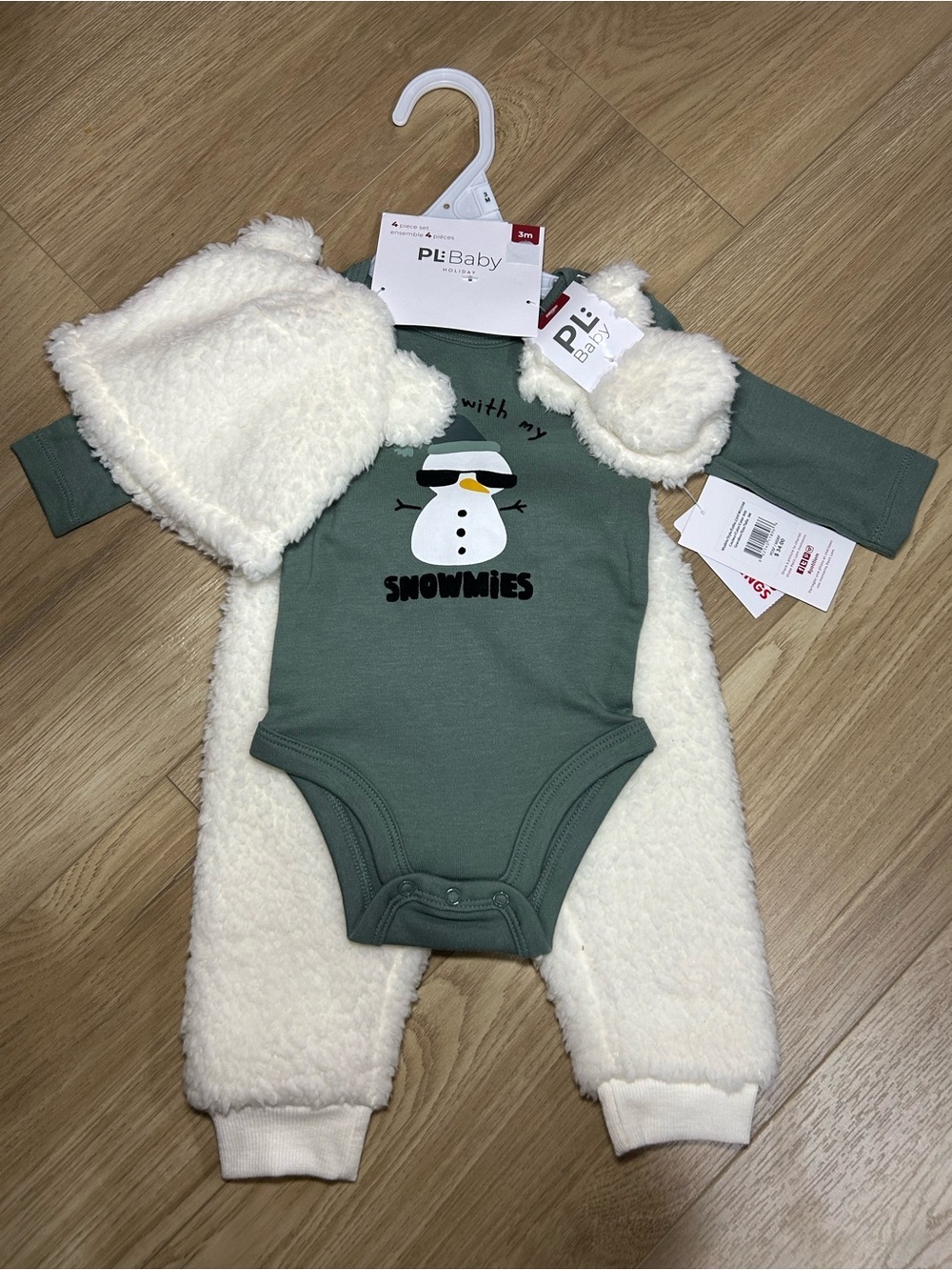 PL Baby Kids' Green Snowman Matching Set with Cozy Cream Trim